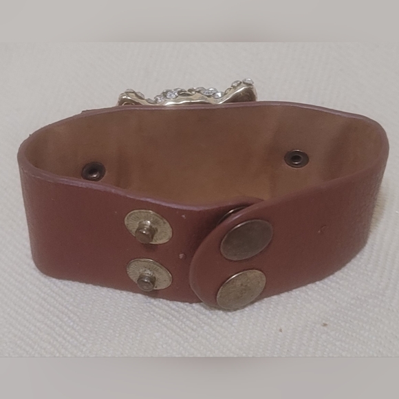 Leopard Cat Faux Leather Bracelet Gold Tone Jeweled Face Adjustable Snap - Picture 7 of 11